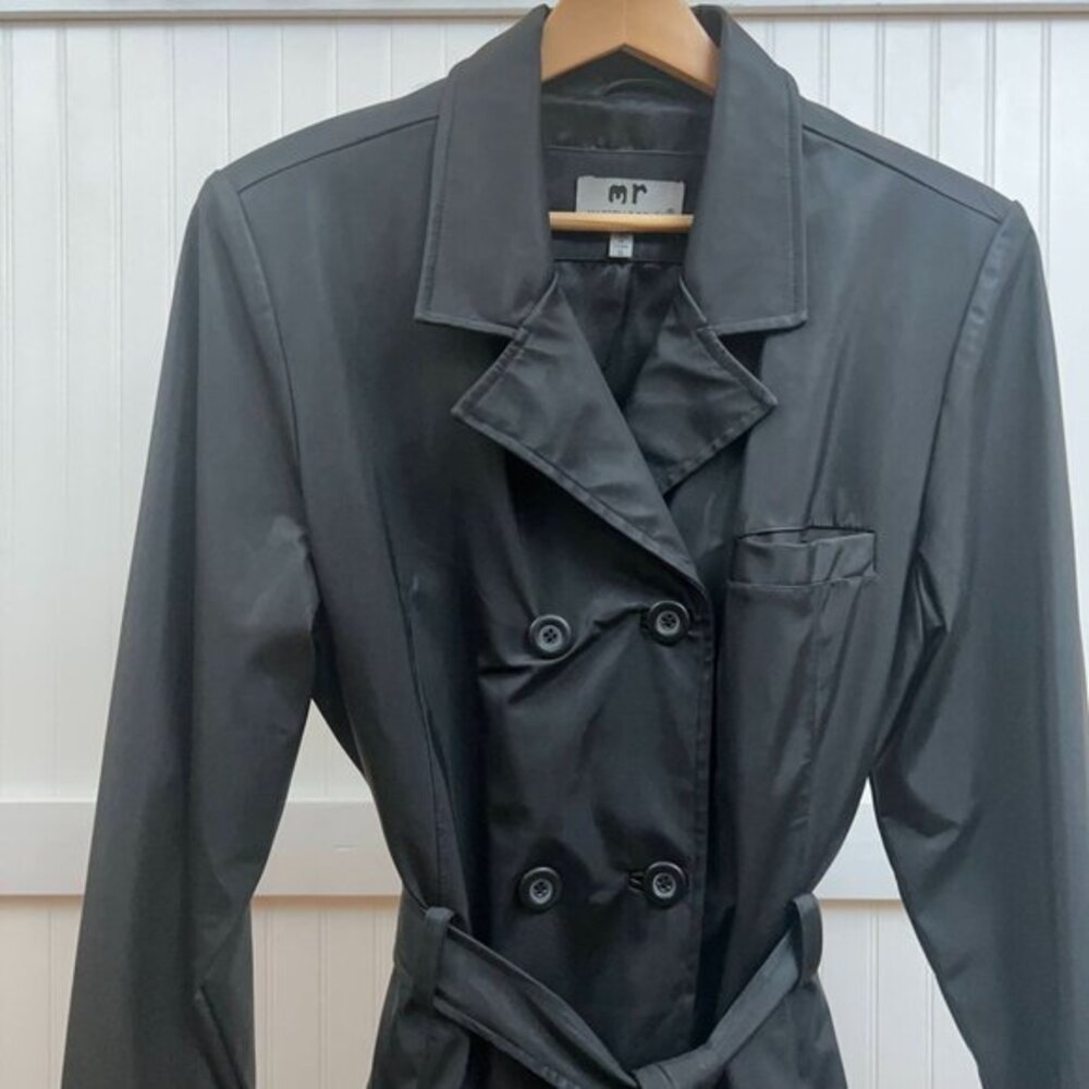 Marcelle Renee Black Double Breasted Trench Coat Belt Classic Style Rain Jacket‎